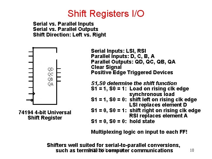 Shift Registers I/O Serial vs. Parallel Inputs Serial vs. Parallel Outputs Shift Direction: Left