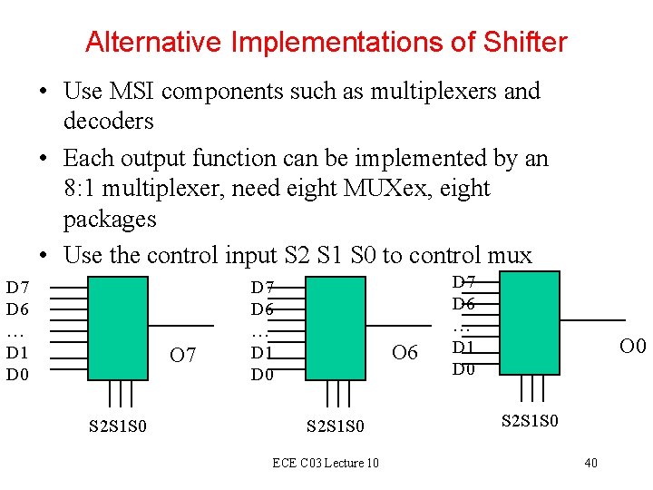 Alternative Implementations of Shifter • Use MSI components such as multiplexers and decoders •