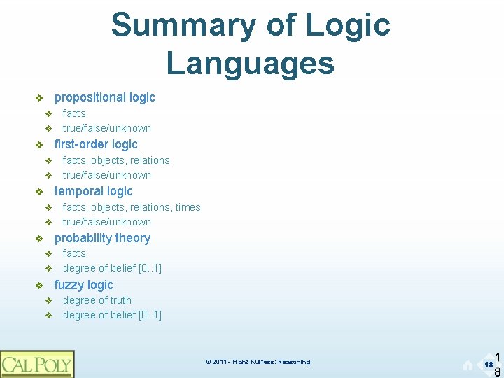 Summary of Logic Languages propositional logic v v v facts true/false/unknown first-order logic v