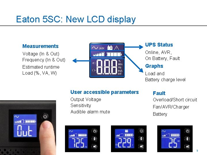 Eaton 5 SC: New LCD display Measurements UPS Status Voltage (In & Out) Frequency
