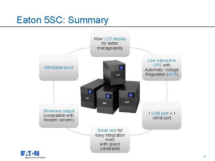 Eaton 5 SC: Summary New LCD display for better manageability Affordable price Line interactive