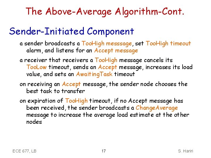 The Above-Average Algorithm-Cont. Sender-Initiated Component a sender broadcasts a Too. High messsage, set Too.