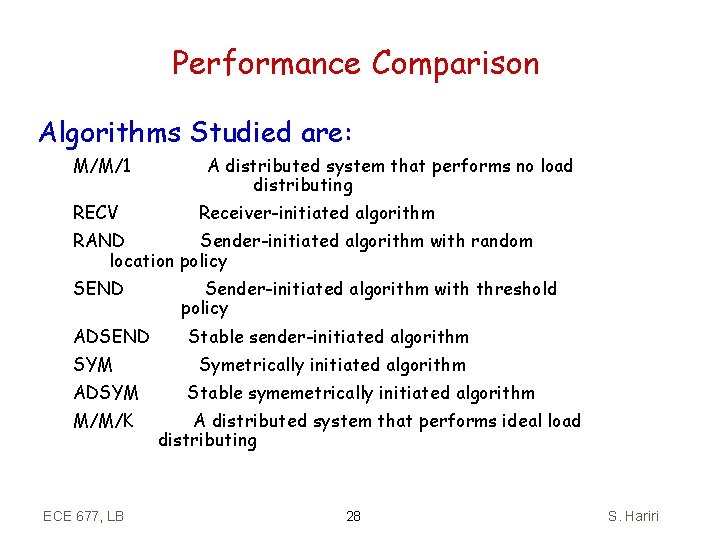 Performance Comparison Algorithms Studied are: M/M/1 RECV A distributed system that performs no load