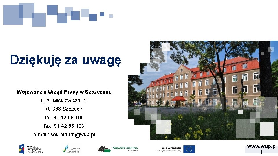 Dziękuję za uwagę Wojewódzki Urząd Pracy w Szczecinie ul. A. Mickiewicza 41 70 -383