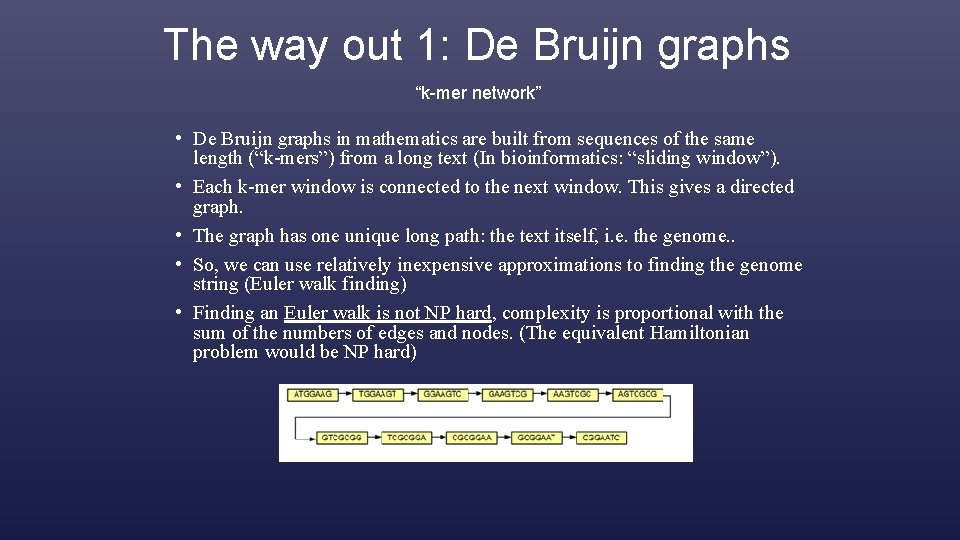 The way out 1: De Bruijn graphs “k-mer network” • De Bruijn graphs in