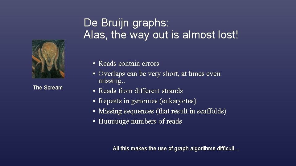 De Bruijn graphs: Alas, the way out is almost lost! The Scream • Reads