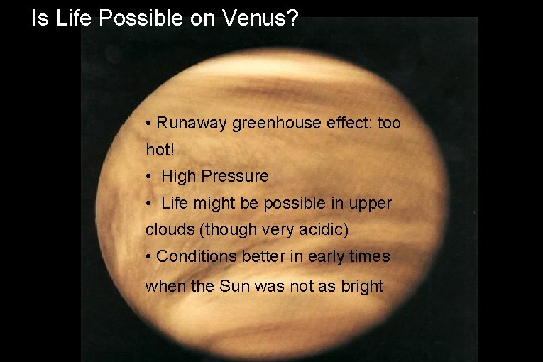 Is Life Possible on Venus? • Runaway greenhouse effect: too hot! • High Pressure Is Life Possible on Venus? • Runaway greenhouse effect: too hot! • High Pressure