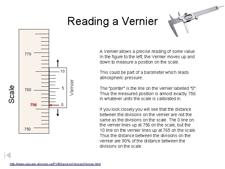 Reading a Vernier A Vernier allows a precise reading of some value. In the