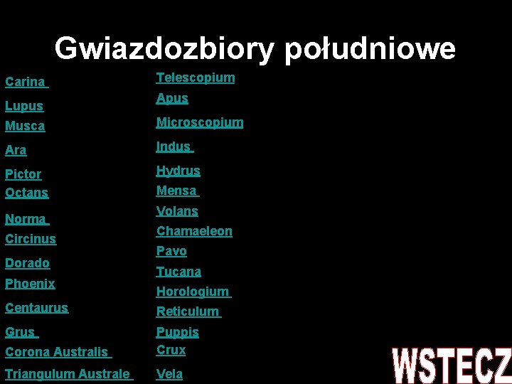 Gwiazdozbiory południowe Carina Lupus Telescopium Apus Musca Microscopium Ara Indus Pictor Octans Hydrus Norma