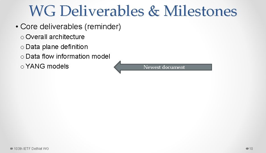 WG Deliverables & Milestones • Core deliverables (reminder) o Overall architecture o Data plane