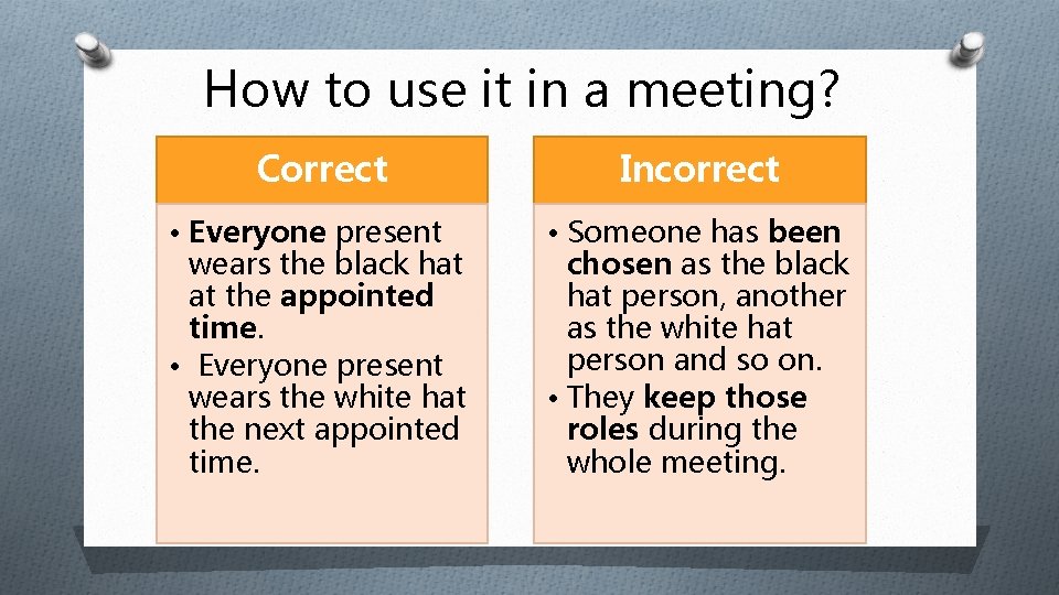 How to use it in a meeting? Correct Incorrect • Everyone present wears the