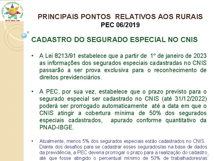 PRINCIPAIS PONTOS RELATIVOS AOS RURAIS PEC 06/2019 CADASTRO DO SEGURADO ESPECIAL NO CNIS •