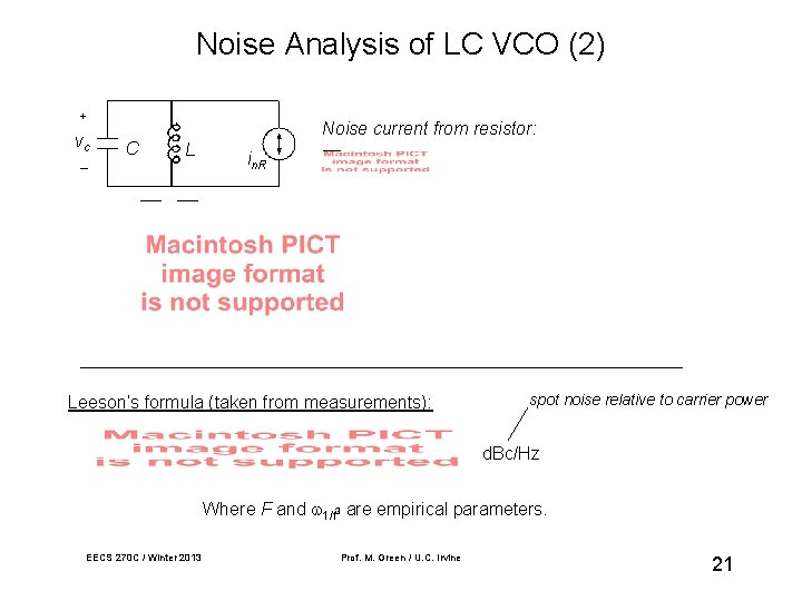 Noise Analysis of LC VCO (2) + vc _ Noise current from resistor: C