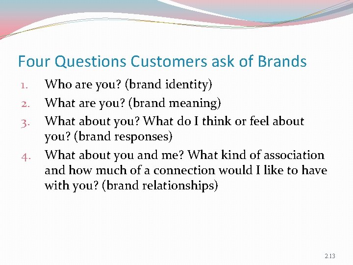 Four Questions Customers ask of Brands 1. 2. 3. 4. Who are you? (brand