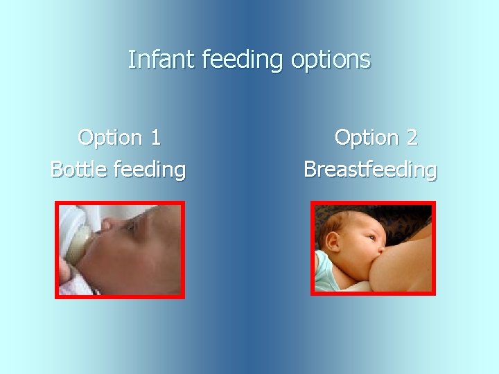 Infant feeding options Option 1 Bottle feeding Option 2 Breastfeeding 