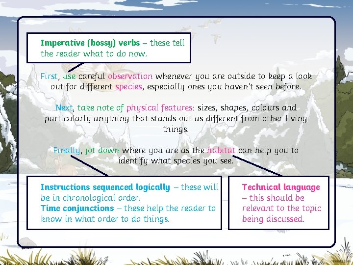 Imperative (bossy) verbs – these tell the reader what to do now. First, use