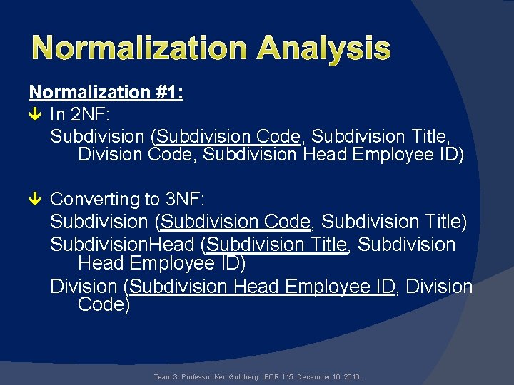 Normalization Analysis Normalization #1: In 2 NF: Subdivision (Subdivision Code, Subdivision Title, Division Code,