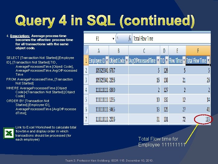 Query 4 in SQL (continued) 4. Description: Average process time becomes the effective process