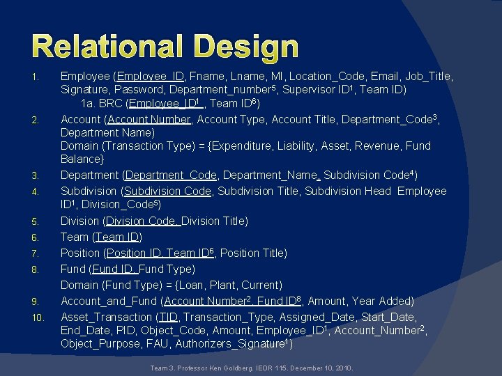 Relational Design 1. 2. 3. 4. 5. 6. 7. 8. 9. 10. Employee (Employee_ID,