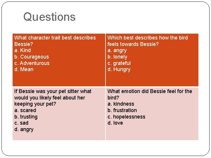 Questions What character trait best describes Bessie? a. Kind b. Courageous c. Adventurous d.