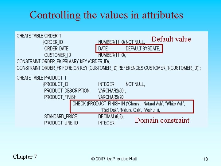 Controlling the values in attributes Default value Domain constraint Chapter 7 © 2007 by