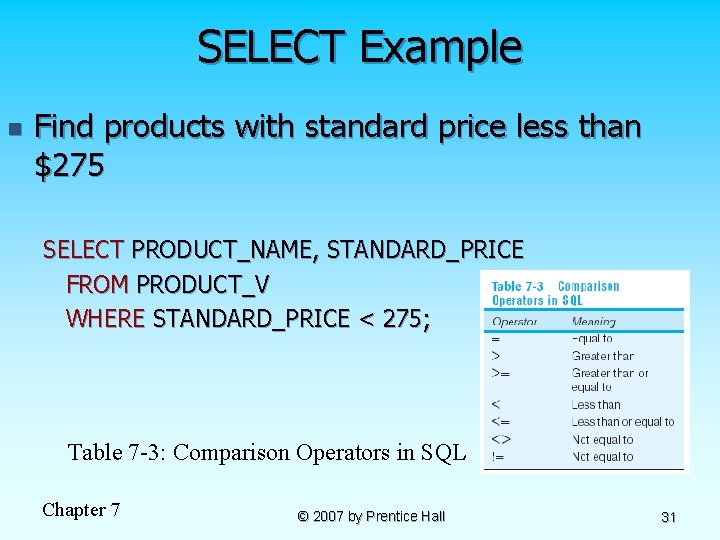 SELECT Example n Find products with standard price less than $275 SELECT PRODUCT_NAME, STANDARD_PRICE