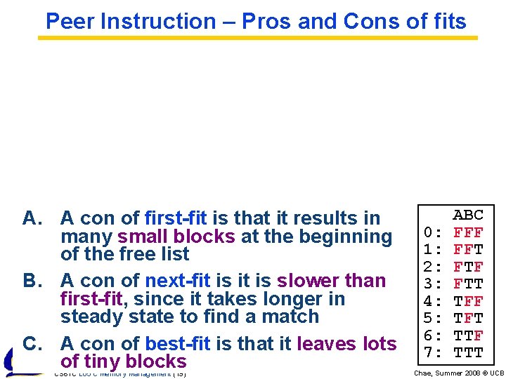 Peer Instruction – Pros and Cons of fits A. A con of first-fit is