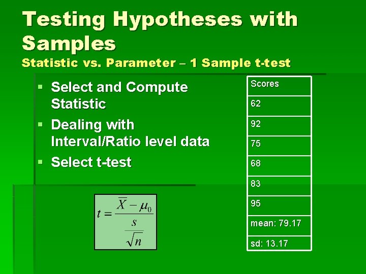 Testing Hypotheses with Samples Statistic vs. Parameter – 1 Sample t-test § Select and