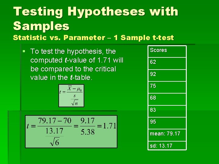 Testing Hypotheses with Samples Statistic vs. Parameter – 1 Sample t-test § To test