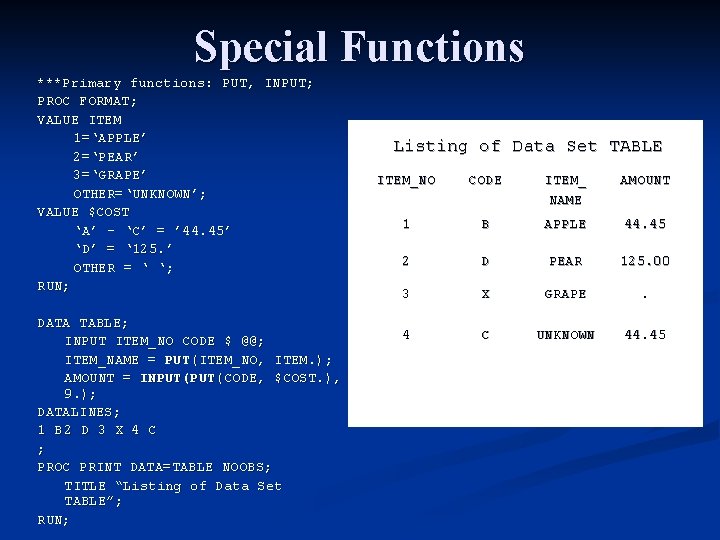 Special Functions ***Primary functions: PUT, INPUT; PROC FORMAT; VALUE ITEM 1=‘APPLE’ 2=‘PEAR’ 3=‘GRAPE’ OTHER=‘UNKNOWN’; Special Functions ***Primary functions: PUT, INPUT; PROC FORMAT; VALUE ITEM 1=‘APPLE’ 2=‘PEAR’ 3=‘GRAPE’ OTHER=‘UNKNOWN’;