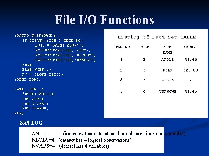 File I/O Functions %MACRO NOBS(DSN); IF EXIST(“&DSN”) THEN DO; DSID = OPEN(“&DSN”); NOBS=ATTRN(DSID, ”ANY”); File I/O Functions %MACRO NOBS(DSN); IF EXIST(“&DSN”) THEN DO; DSID = OPEN(“&DSN”); NOBS=ATTRN(DSID, ”ANY”);