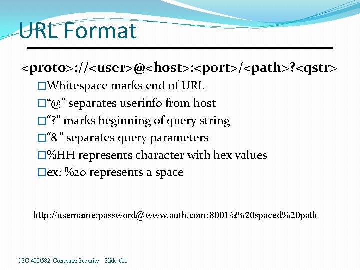 URL Format <proto>: //<user>@<host>: <port>/<path>? <qstr> �Whitespace marks end of URL �“@” separates userinfo