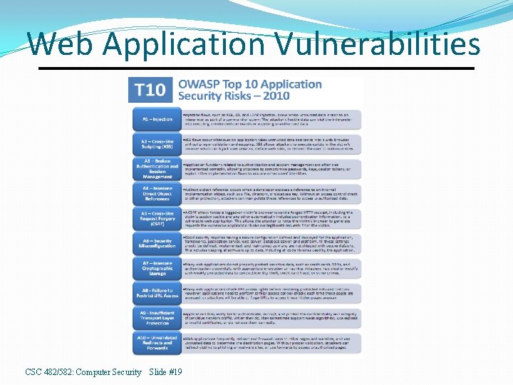 Web Application Vulnerabilities CSC 482/582: Computer Security Slide #19 