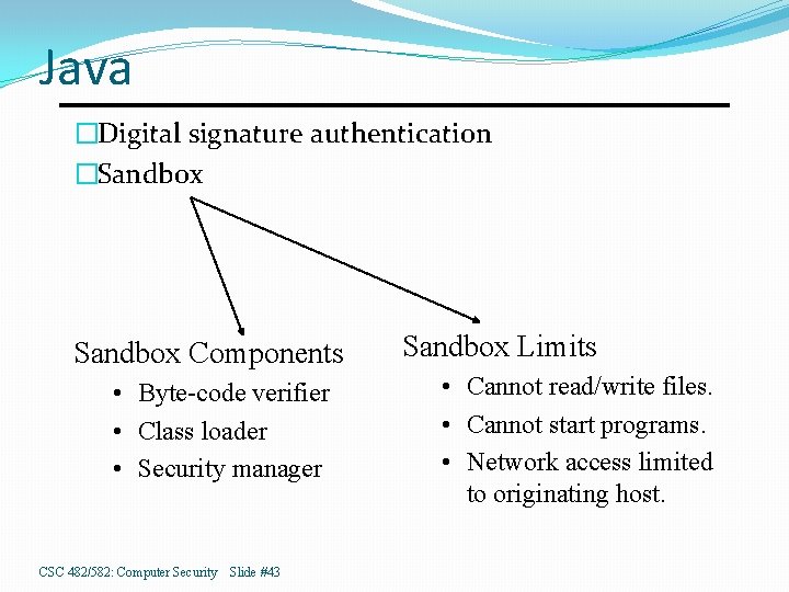 Java �Digital signature authentication �Sandbox Components • Byte-code verifier • Class loader • Security