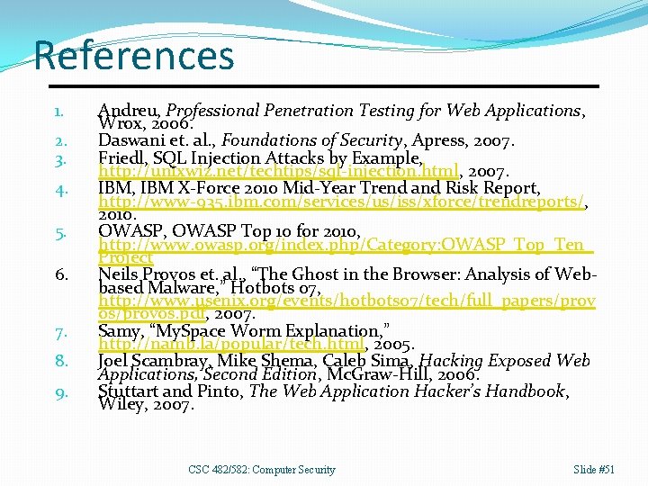 References 1. 2. 3. 4. 5. 6. 7. 8. 9. Andreu, Professional Penetration Testing