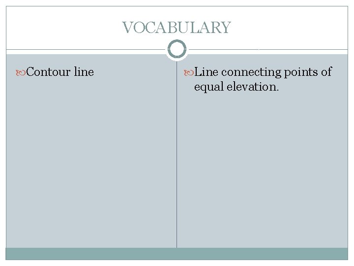 VOCABULARY Contour line Line connecting points of equal elevation. 