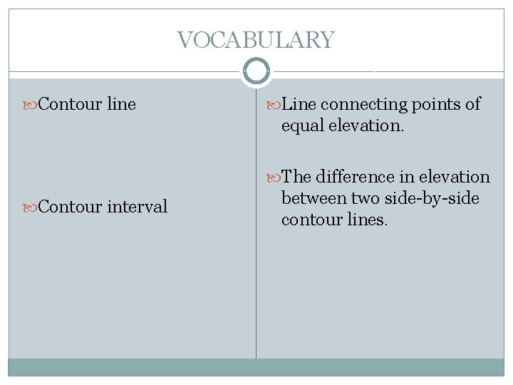 VOCABULARY Contour line Line connecting points of equal elevation. The difference in elevation Contour