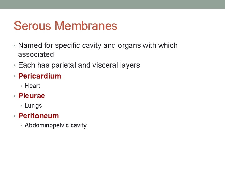 Serous Membranes • Named for specific cavity and organs with which associated • Each