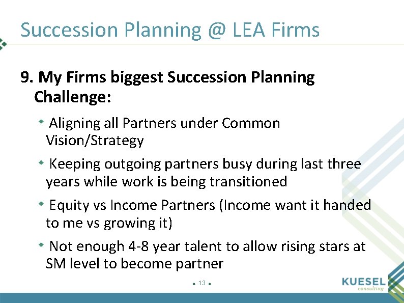 Succession Planning @ LEA Firms 9. My Firms biggest Succession Planning Challenge: Aligning all