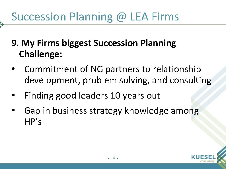 Succession Planning @ LEA Firms 9. My Firms biggest Succession Planning Challenge: • Commitment