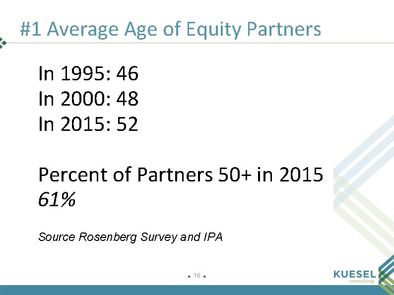 #1 Average Age of Equity Partners In 1995: 46 In 2000: 48 In 2015: