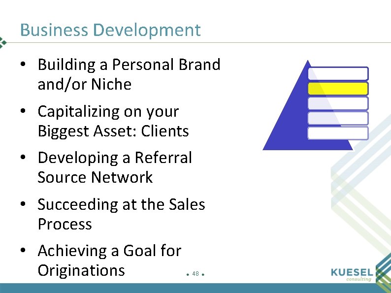 Business Development • Building a Personal Brand and/or Niche • Capitalizing on your Biggest