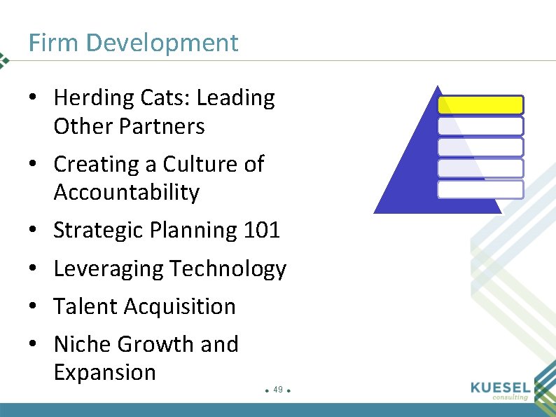 Firm Development • Herding Cats: Leading Other Partners • Creating a Culture of Accountability