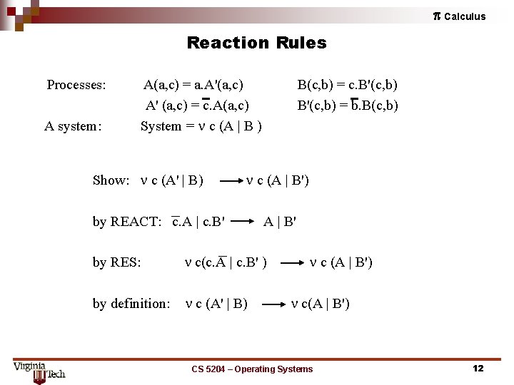 p Calculus Reaction Rules Processes: A system: A(a, c) = a. A'(a, c) A'
