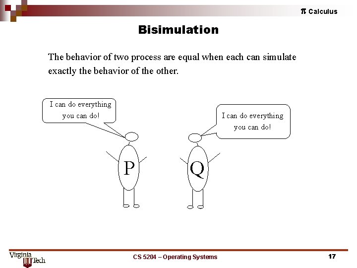 p Calculus Bisimulation The behavior of two process are equal when each can simulate