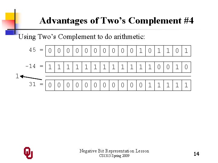 Advantages of Two’s Complement #4 Using Two’s Complement to do arithmetic: 45 = 0 Advantages of Two’s Complement #4 Using Two’s Complement to do arithmetic: 45 = 0