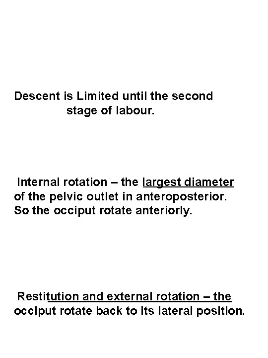 Descent is Limited until the second stage of labour. Internal rotation – the largest