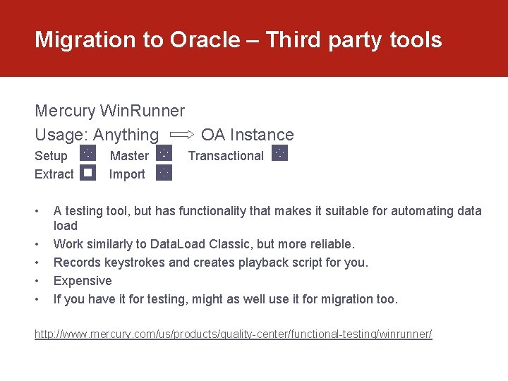 Migration to Oracle – Third party tools Mercury Win. Runner Usage: Anything OA Instance