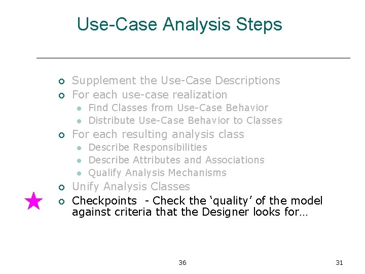 Use-Case Analysis Steps ¡ ¡ Supplement the Use-Case Descriptions For each use-case realization l