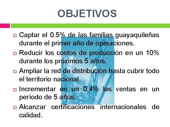 OBJETIVOS Captar el 0. 5% de las familias guayaquileñas durante el primer año de